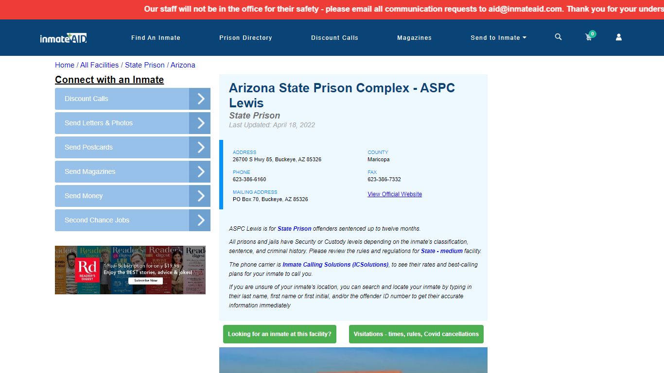 Arizona State Prison Complex - ASPC Lewis & Inmate Search ...