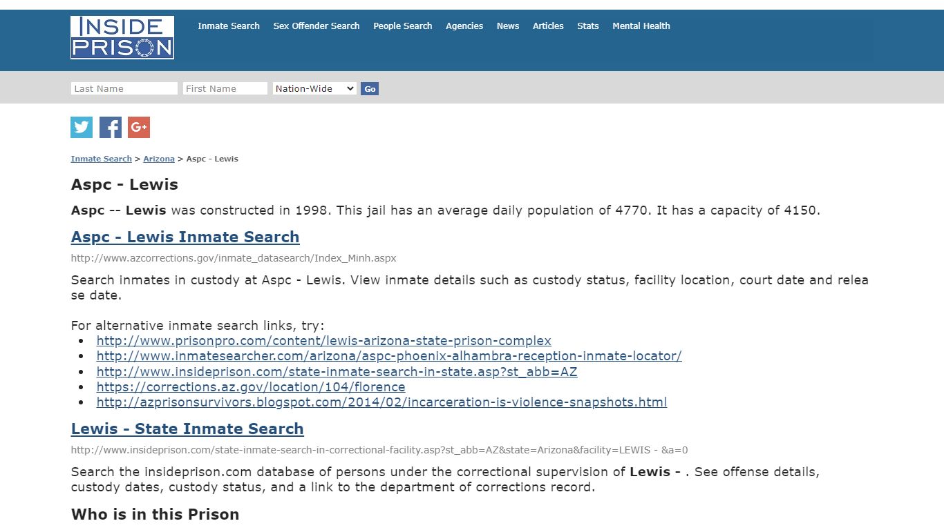 Aspc - Lewis - Arizona - Inmate Search